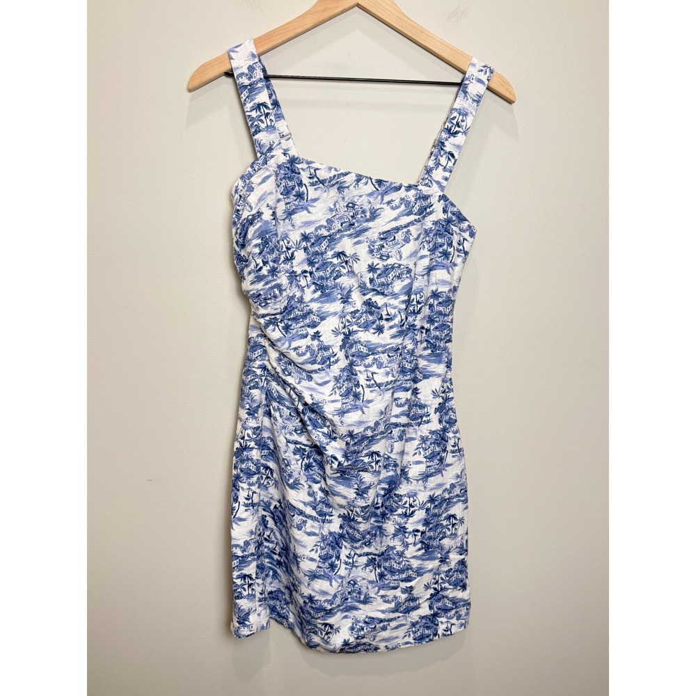 Abercrombie & Fitch S Linen Cotton Mini Dress Blue Toile Tropical Cottage Beach